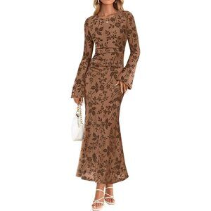 Zesica Women's Brown Yellow Ruched Mesh Long Sleeve Floral Bodycon Dress